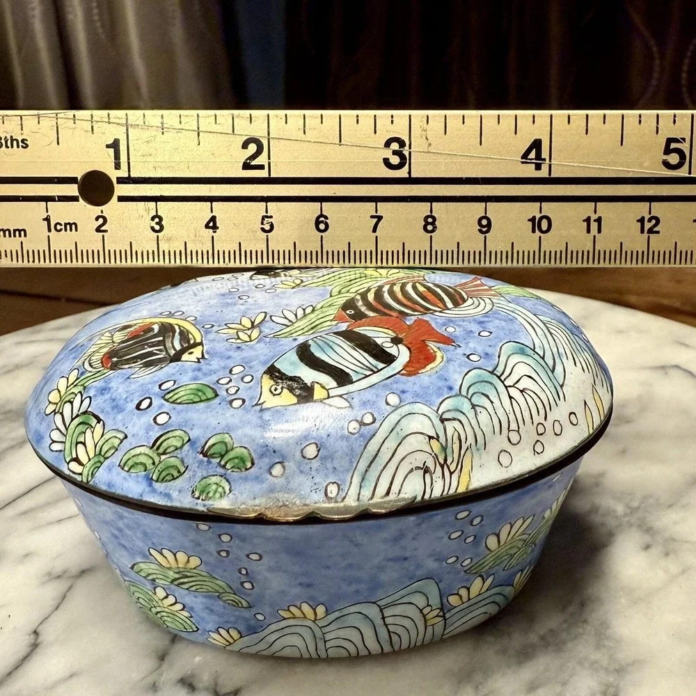 Hand Painted Enamel Metal Brass Fish Aquatic Trinket Box Hinged Lid Ocean Sea